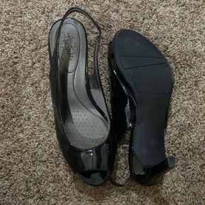 Black shiny peep toe heels